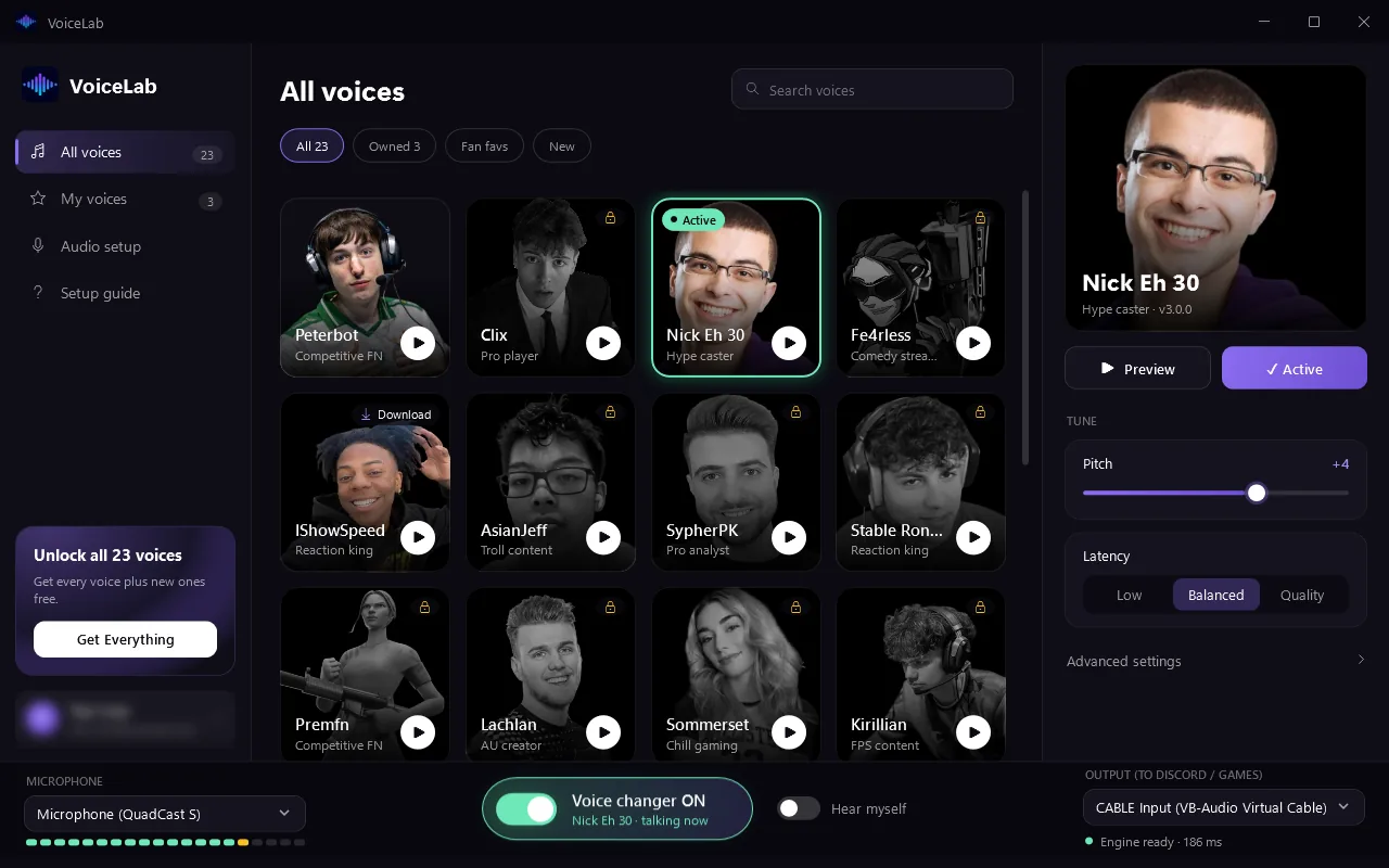 The VoiceLab app with the Nick Eh 30 voice turned on and the microphone level moving